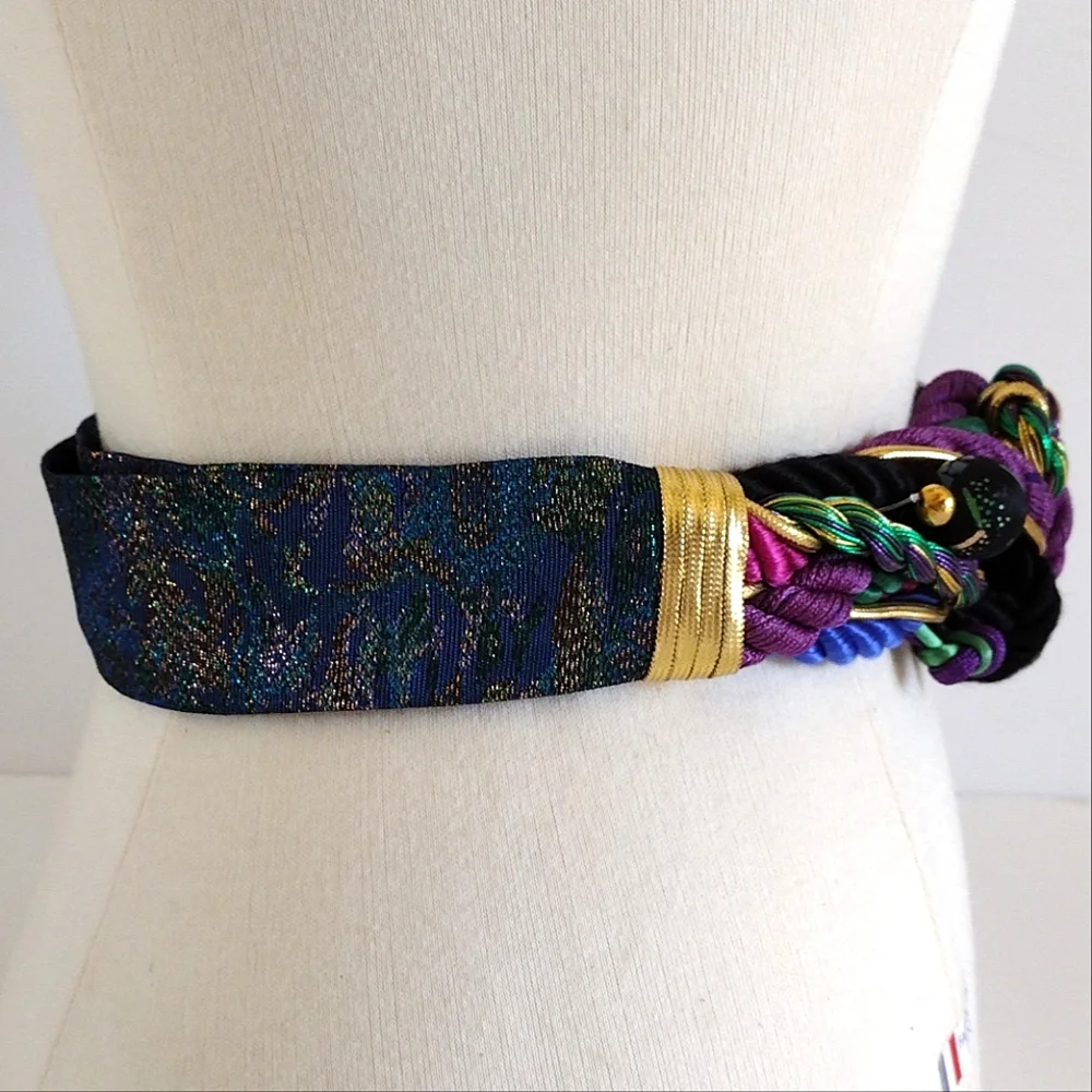 Vintage 80s Ione Jewel-Tone Braided Beaded Adjustable Wide Belt